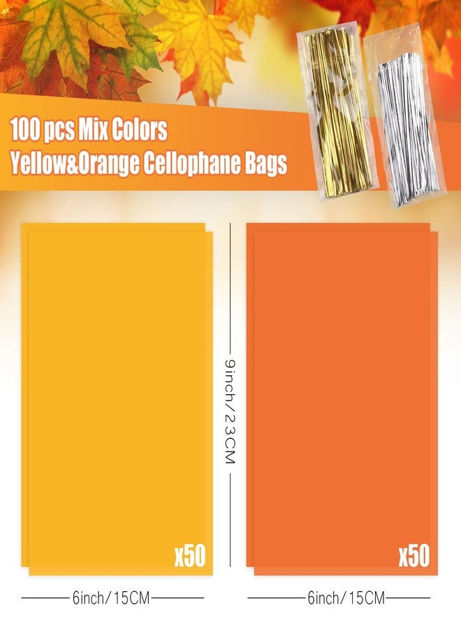 Whaline 100Pcs Fall Cellophane Bag with 100Pcs Twist Ties Mix Colors Goodie Treat Bags Orange Red Yellow Candy Snack Bag Thanksgiving Party Favor Bag for Fall Wrapping Decor Autumn Party Supplies - Image 2